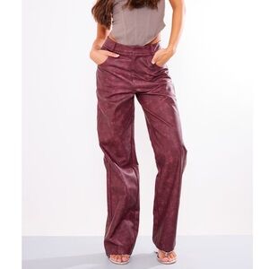 PrettyLittleThing Cherry Red Washed Faux Leather Straight Leg Trousers